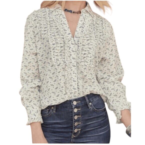 SUNDANCE Nola Button Down Blouse Shirt Size PL Petite Large Ruffle Floral White - Picture 5 of 16